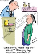 funny medical cartoon 1172 pharmacy pharmacist customer teen condom paper or plastic medical medicine drug prescription refill insurance company